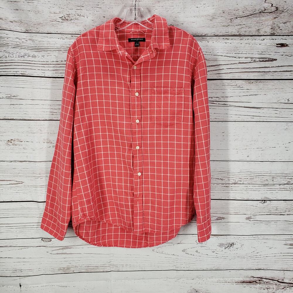 Banana Republic Coral Pink Linen blend Button Up Long Sleeve Shirt Size L